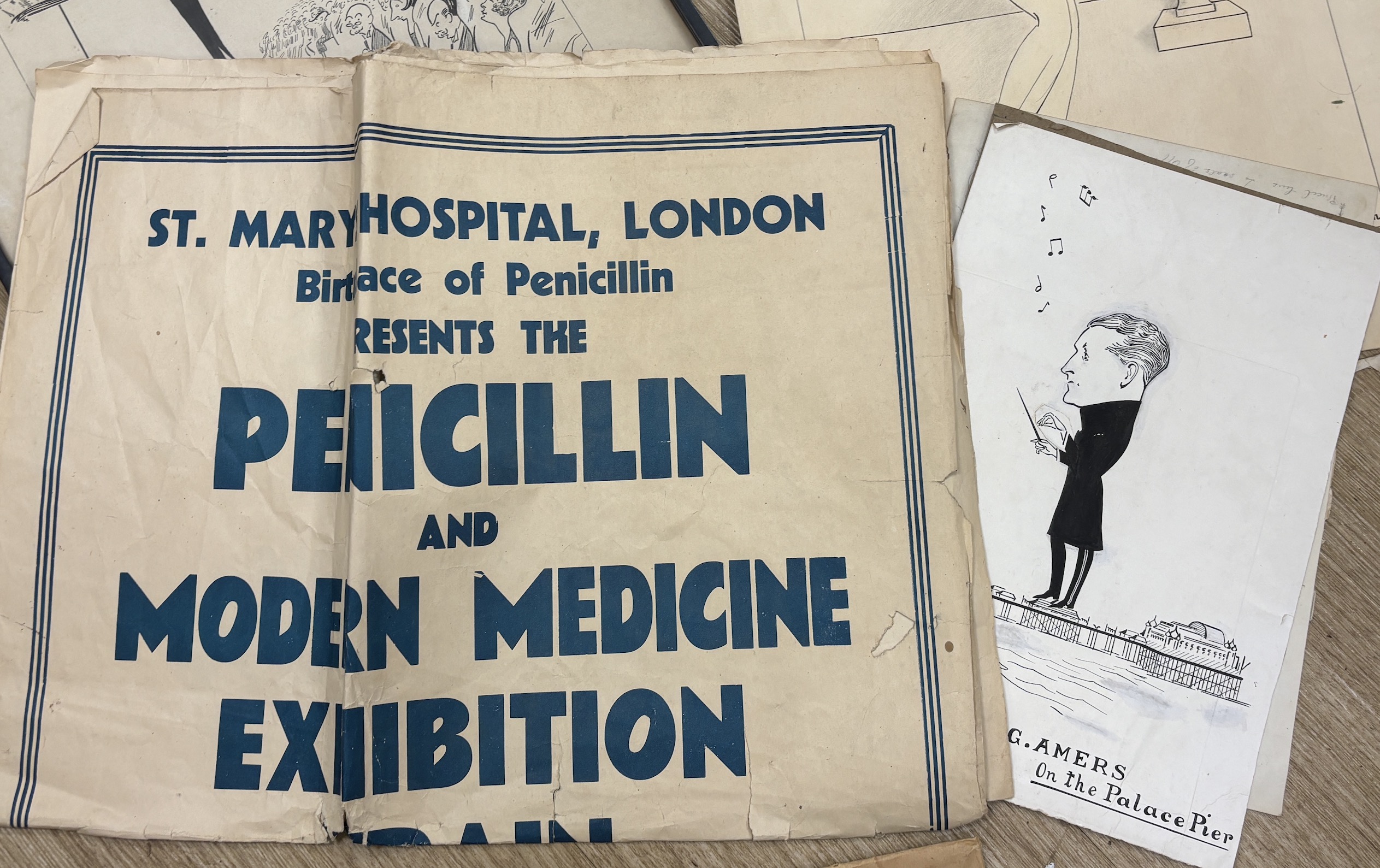 Ivy Palmer, collection of ink cartoons with a Brighton connection including ‘Capt. H G Amers, on the Place Pier’, one framed, 52 x 36cm